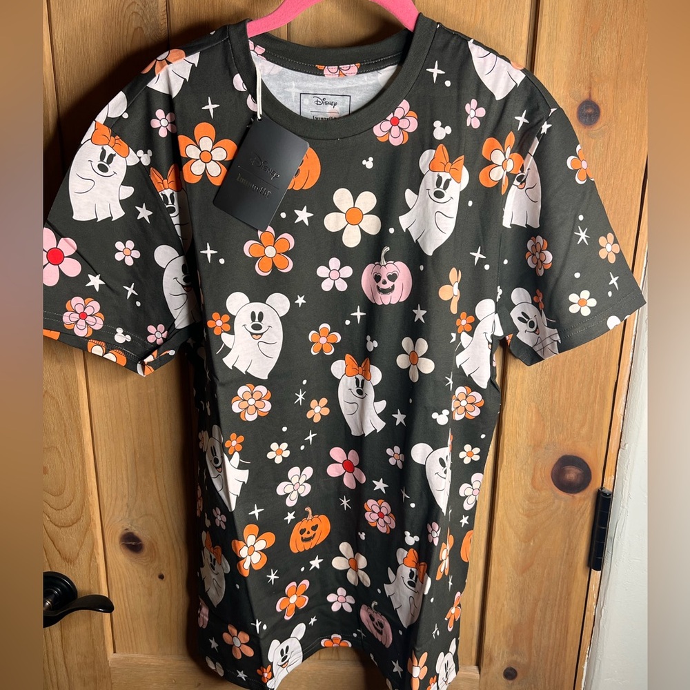 Disney Loungefly Mickey & Minnie Floral Ghost All-Over Print Unisex Tee NWT